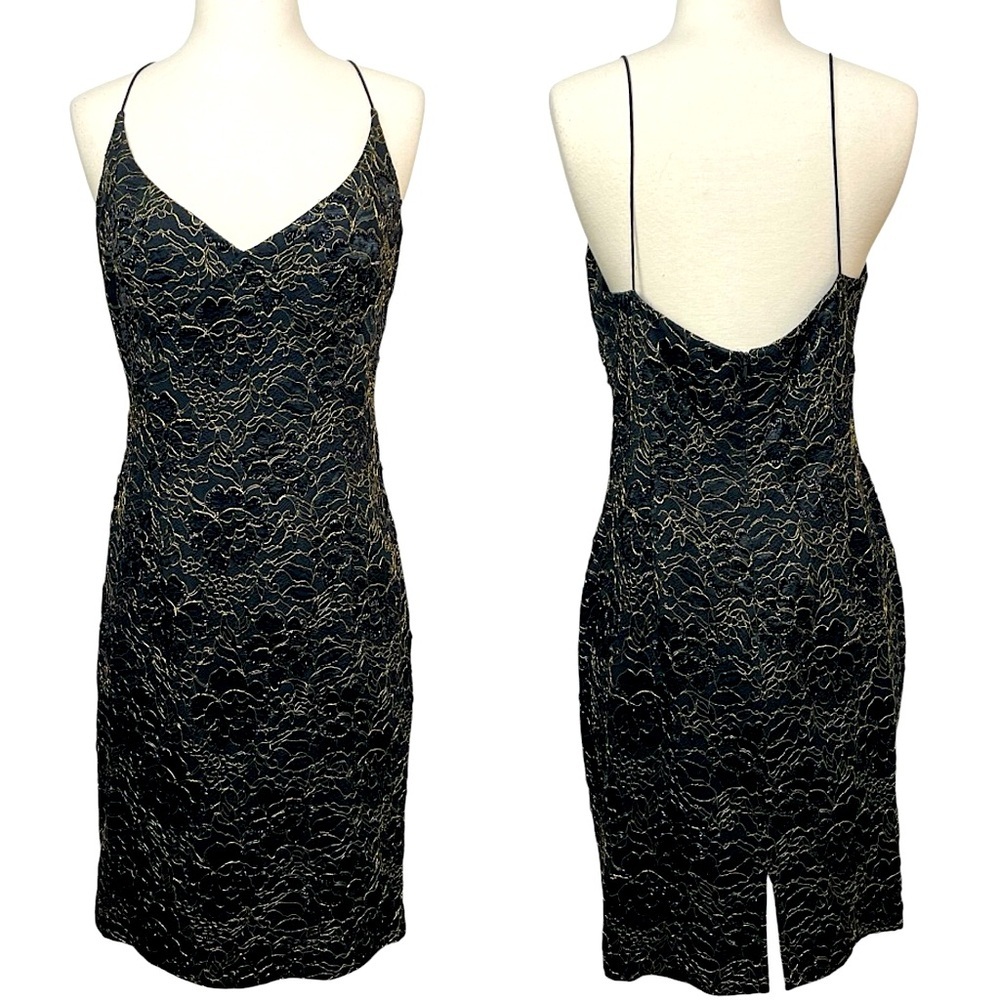 Carmen Marc Valvo Vintage 90s Black Gold Lace Beaded Mini Dress Sheath 10 Med - Picture 3 of 16